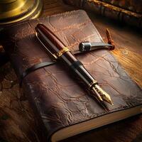 A pen and a leather book on a wooden table photo