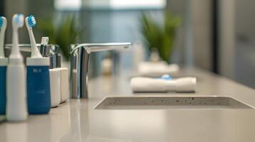 A bathroom counter with toothbrushes and toothpaste photo