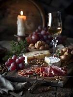 A wooden table with cheese, wine and nuts photo