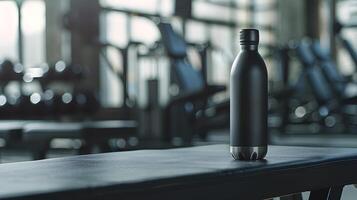 A black water bottle sitting on a bench in a gym photo