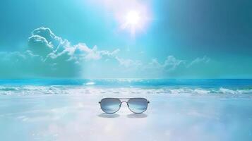 Sunglasses on the beach with the ocean in the background photo