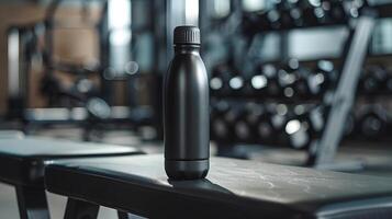 A black water bottle sitting on a bench in a gym photo