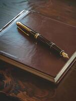 Pen and notebook on a wooden table photo