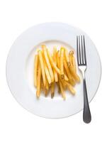 A plate with french fries and a fork photo