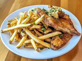 A plate of fish and fries with a side of sauce photo