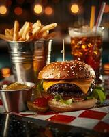 A hamburger and fries on a table photo