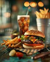 A hamburger and fries on a table with a drink photo