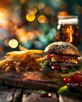 A hamburger and fries on a wooden table photo