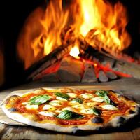A pizza sitting on a wooden table in front of an open fire photo