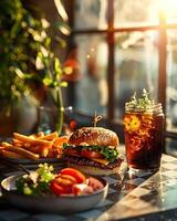 A hamburger and fries sit on a table next to a glass of soda photo
