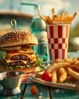 A hamburger and fries on a table next to a soda photo