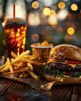 A hamburger and fries on a table photo