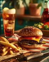 A hamburger and fries sit on a table next to a glass of beer photo