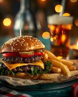 A hamburger and french fries on a plate photo