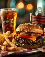A hamburger and fries on a tray photo