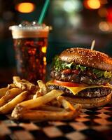 A hamburger and fries on a checkered table photo