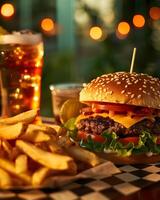 A hamburger and fries on a table photo
