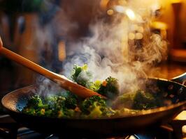 A person stirring broccoli in a pan with steam photo