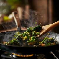 A pan with broccoli and spices cooking on top photo