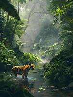 A tiger walking through a jungle stream photo