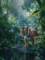 A tiger walking through the jungle photo