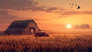 A tractor is in the middle of a field with a barn photo