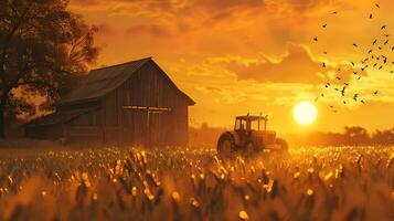 A tractor in a field with birds flying in the sky photo