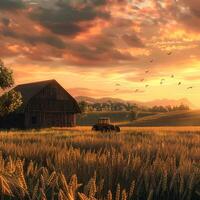 An old barn in a field with a tractor and birds flying photo