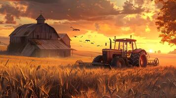 A tractor in a field with a barn and birds flying photo