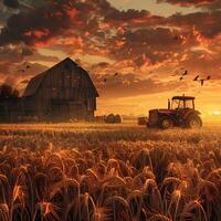 A tractor in a field with a barn and birds flying photo