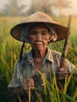 An elderly woman in a hat stands in a rice field photo