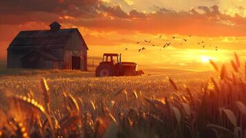 A tractor is in the middle of a field with a barn in the background photo