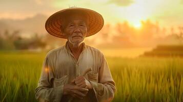 An elderly man in a hat stands in a rice field photo