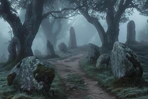 A path through the woods with stone circles photo