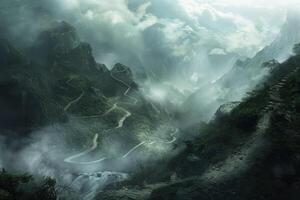 A winding path through the mountains with fog and clouds photo