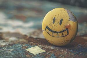 A yellow smiley face button on a table photo