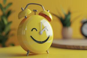 A yellow alarm clock with a smiley face on it photo