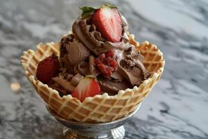 A waffle cone with chocolate ice cream and strawberries photo