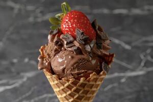 Chocolate ice cream with strawberry and chocolate chips photo