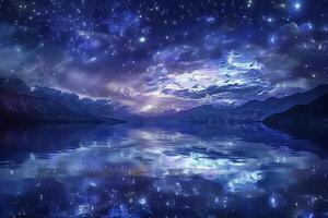A lake with stars and mountains in the background photo