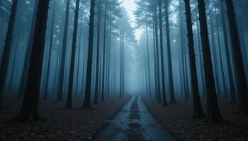 A path through a dark forest with fog photo