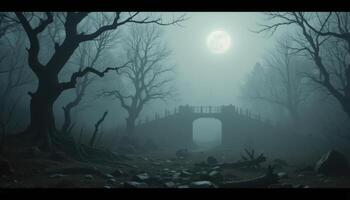 A bridge in the middle of a dark forest photo