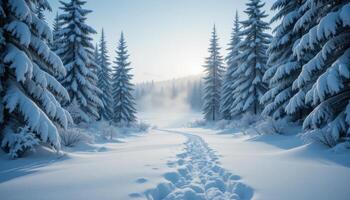 A snowy path through the woods with trees photo