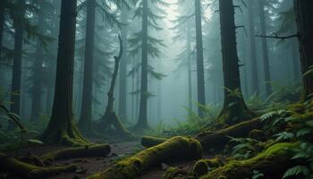 A forest with trees and mossy ground photo