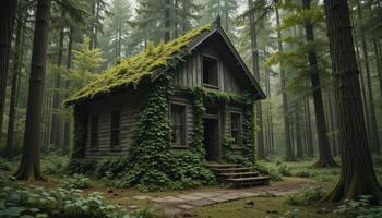 An old house in the woods with a green roof photo