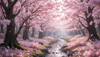 A beautiful pink tree is growing in the middle of a stream photo