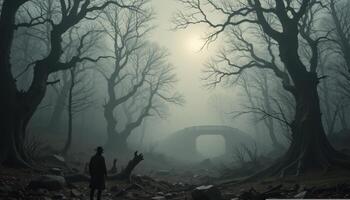 A man stands in the middle of a dark forest photo