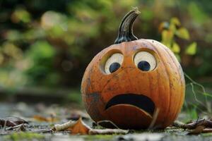 A sad pumpkin sitting on the ground with leaves photo