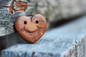A wooden heart shaped object with a smiley face on it photo