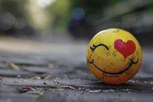 A yellow smiley face with a heart on it photo